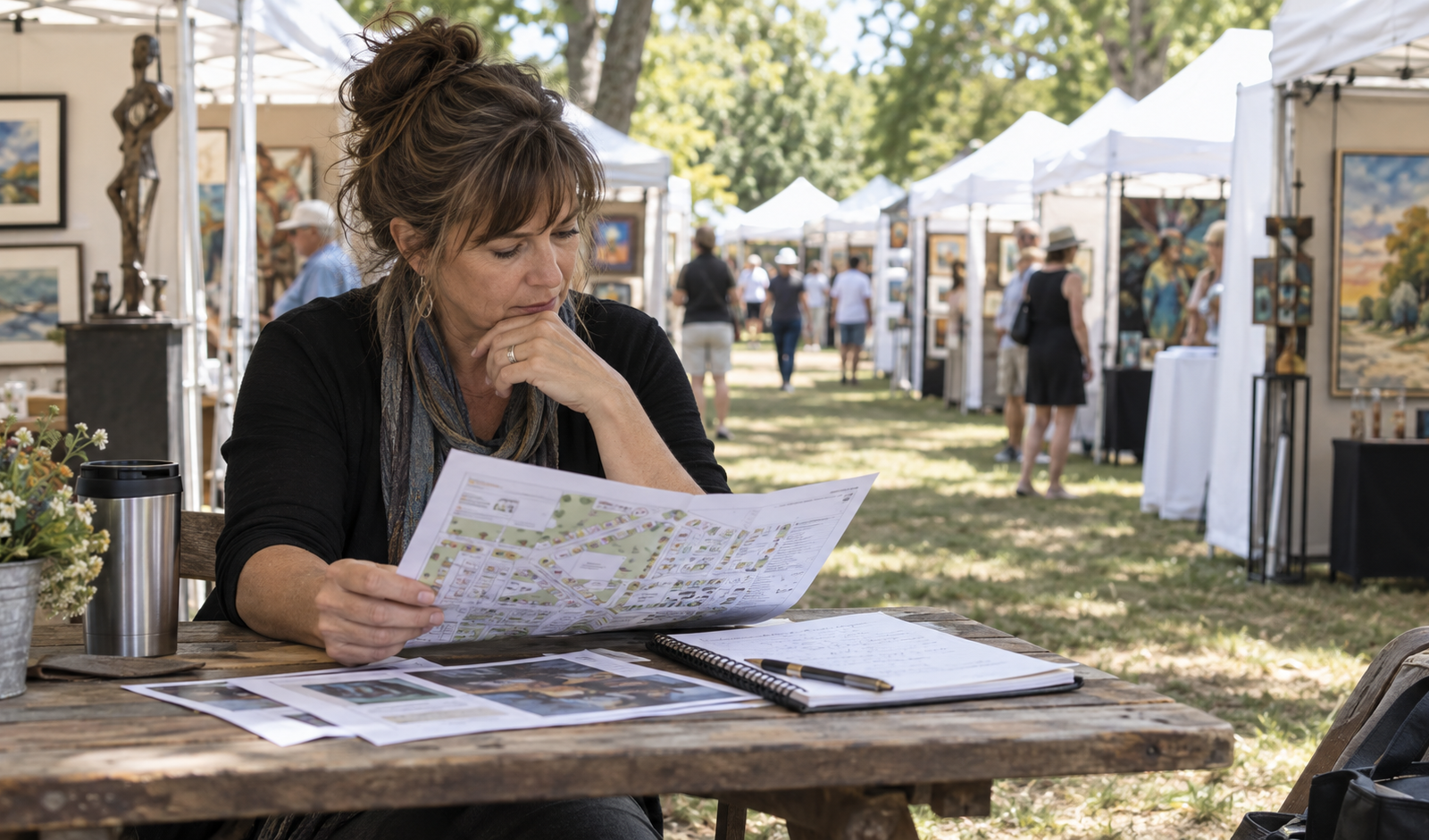 Artist reviewing an art show map and notes before applying to exhibit