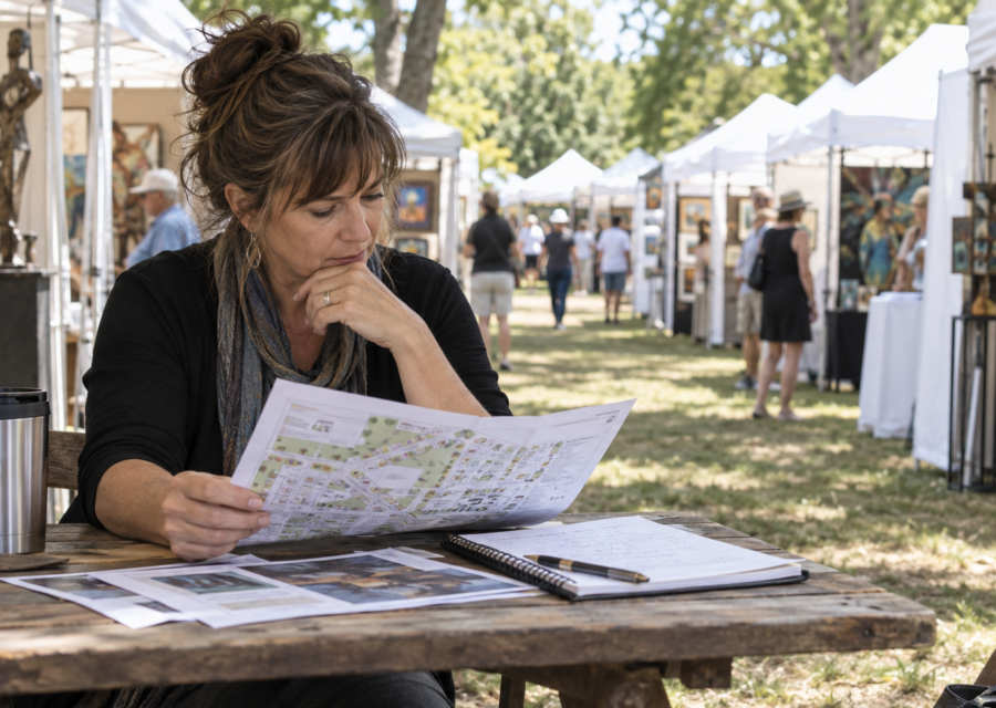 Artist reviewing an art show map and notes before applying to exhibit