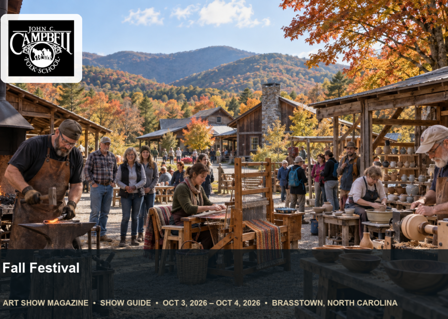 Conceptual editorial scene for John C. Campbell Folk School Fall Festival in Brasstown, North Carolina, with the official organizer mark.