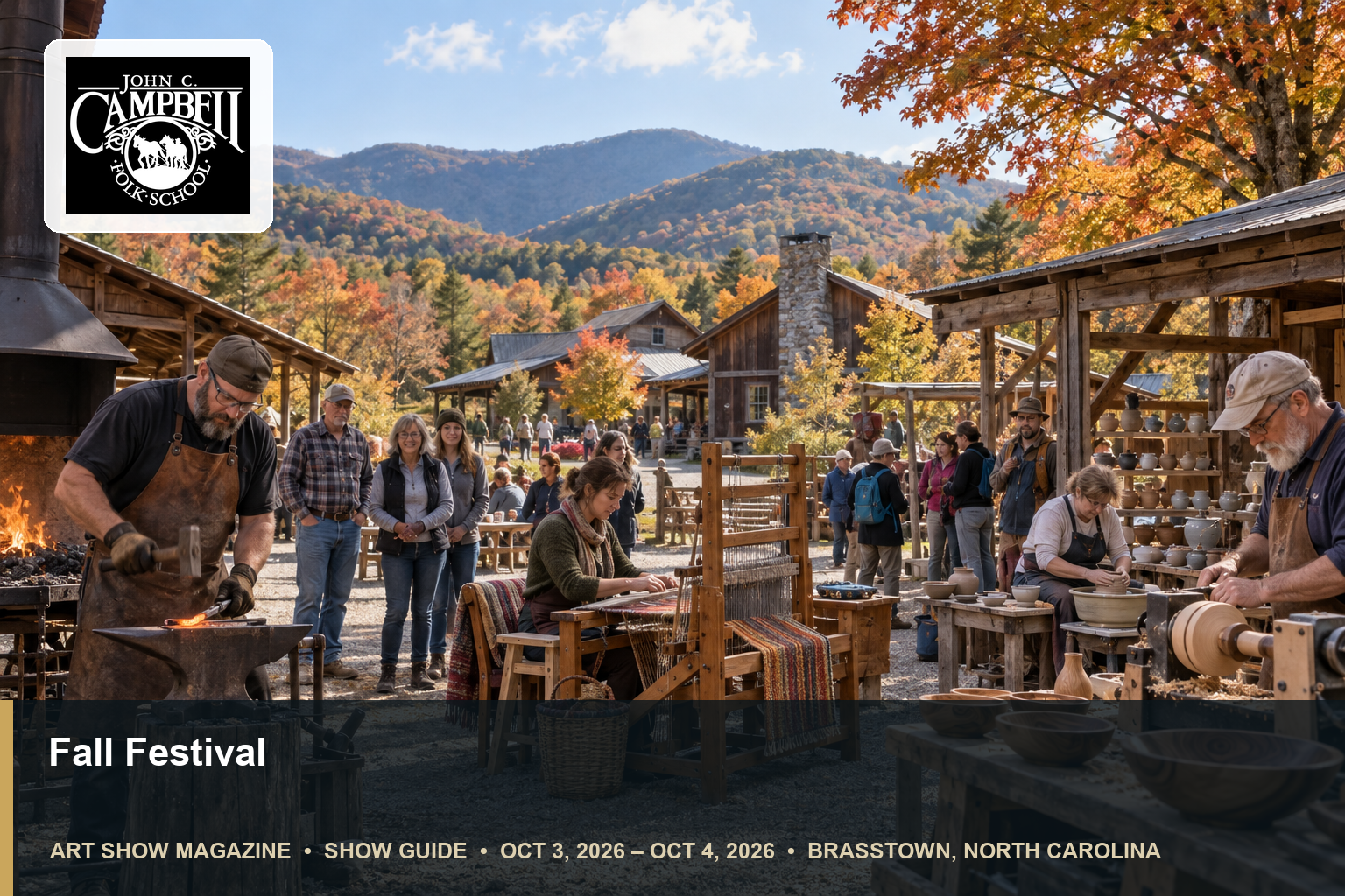 Conceptual editorial scene for John C. Campbell Folk School Fall Festival in Brasstown, North Carolina, with the official organizer mark.