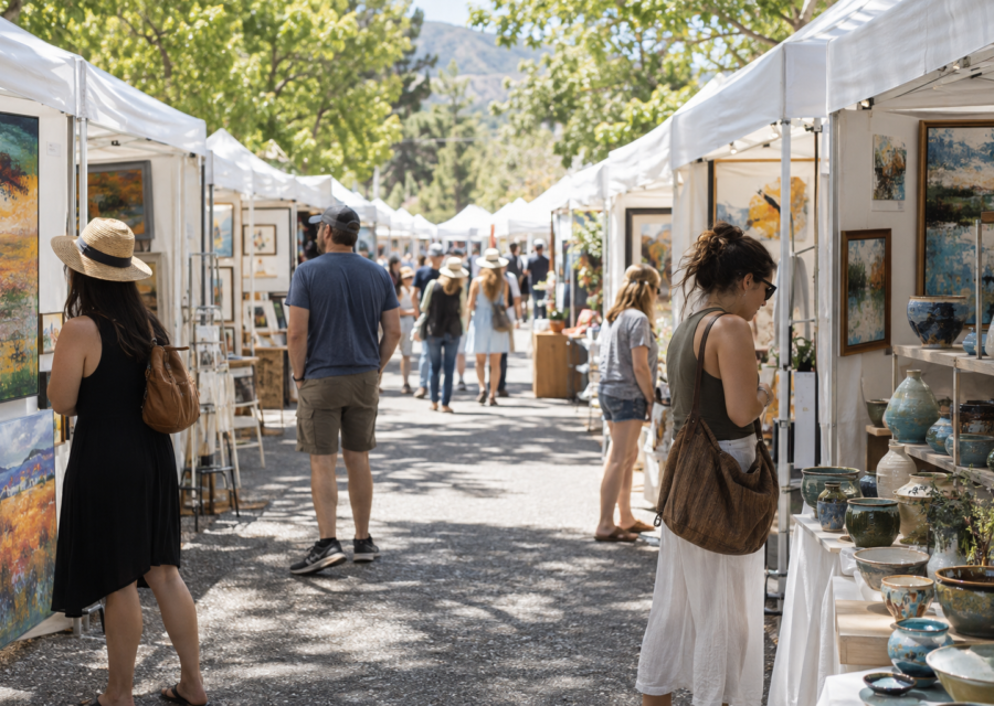 Visitors walking between artist booths at a sunny outdoor art show.