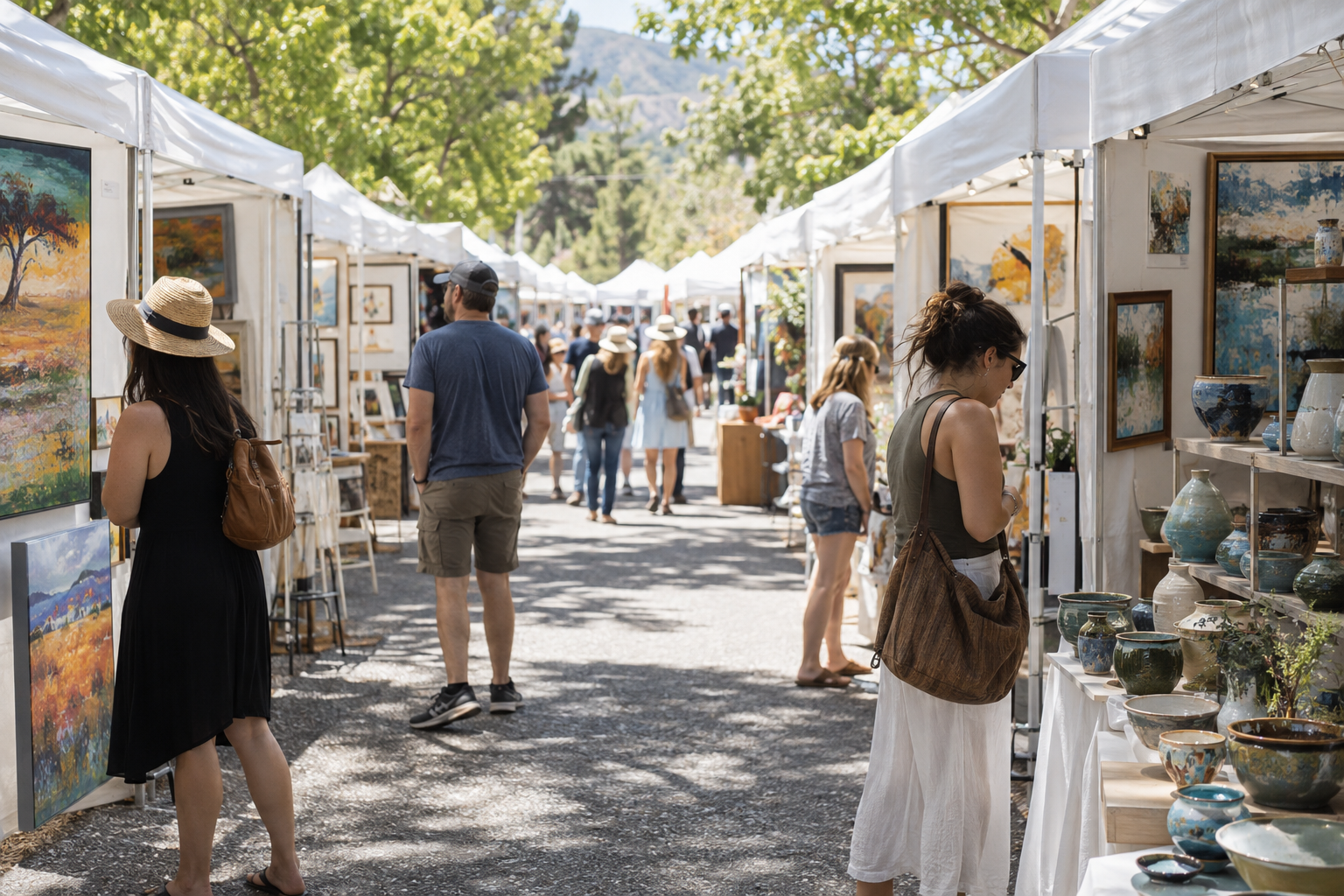 Visitors walking between artist booths at a sunny outdoor art show.