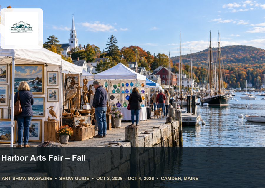 Conceptual editorial scene for Harbor Arts Fair in Camden, Maine, with the official event mark.