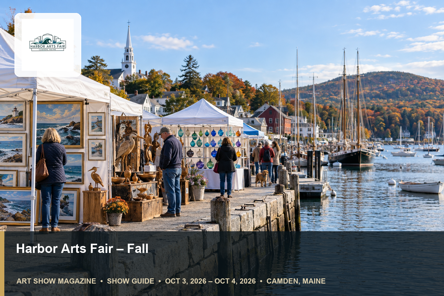 Conceptual editorial scene for Harbor Arts Fair in Camden, Maine, with the official event mark.
