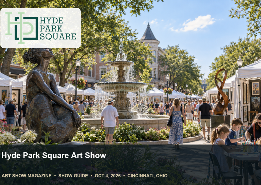 Conceptual editorial scene for Hyde Park Square Art Show in Cincinnati, Ohio, with the official organizer mark.