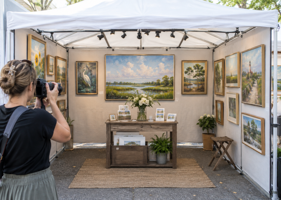 Artist photographing the full display of a fine art show booth