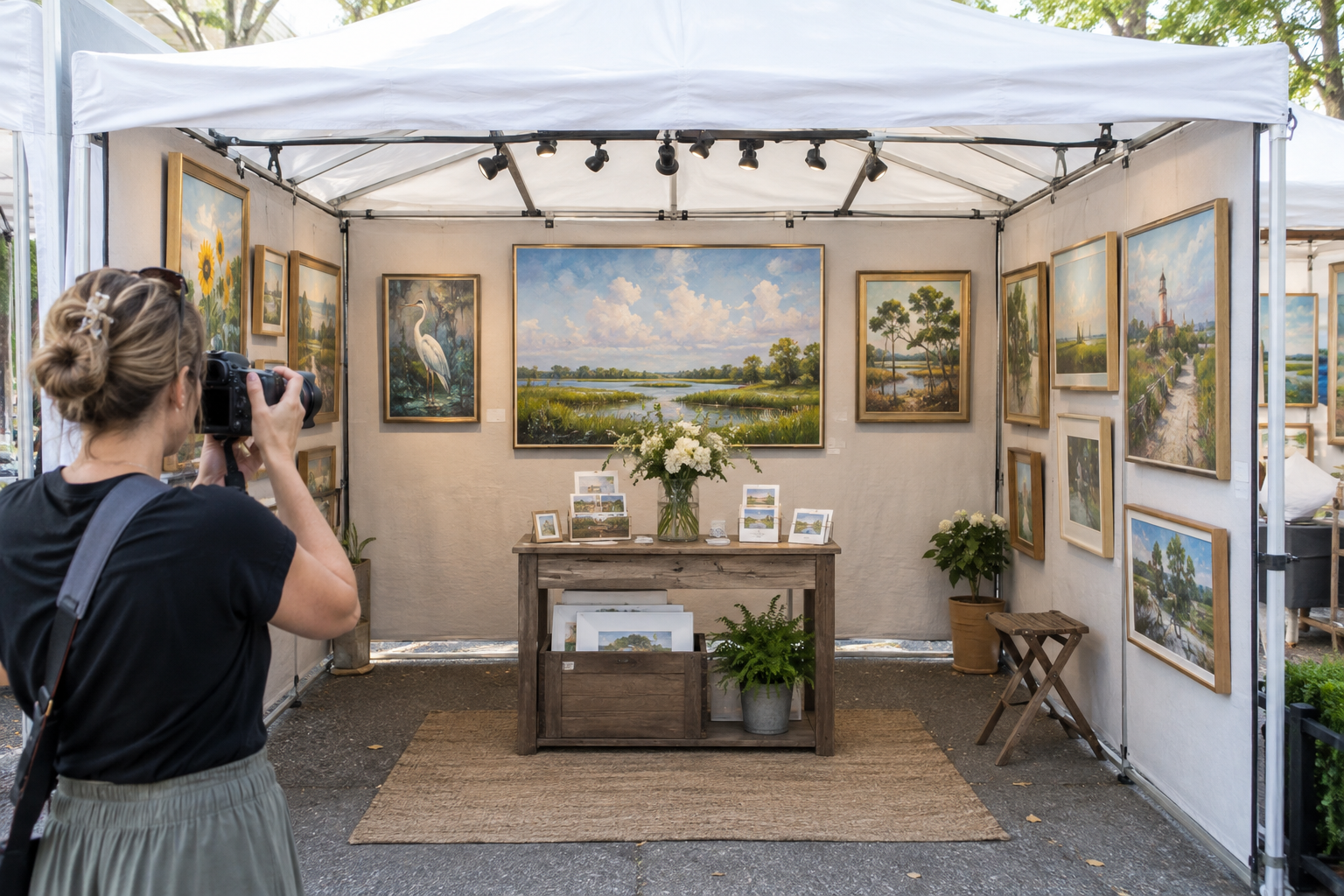 Artist photographing the full display of a fine art show booth