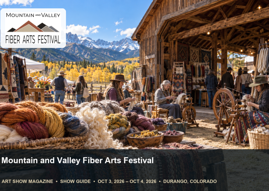 Conceptual editorial scene for Mountain and Valley Fiber Arts Festival in Durango, Colorado, with the official event mark.
