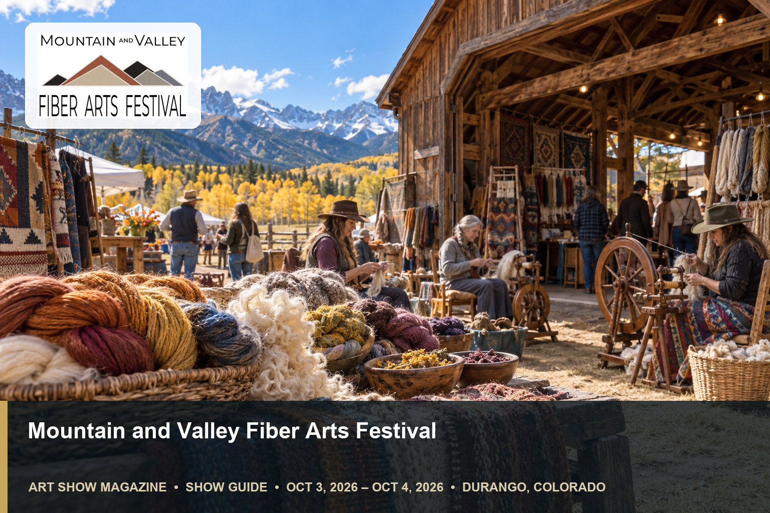 Conceptual editorial scene for Mountain and Valley Fiber Arts Festival in Durango, Colorado, with the official event mark.