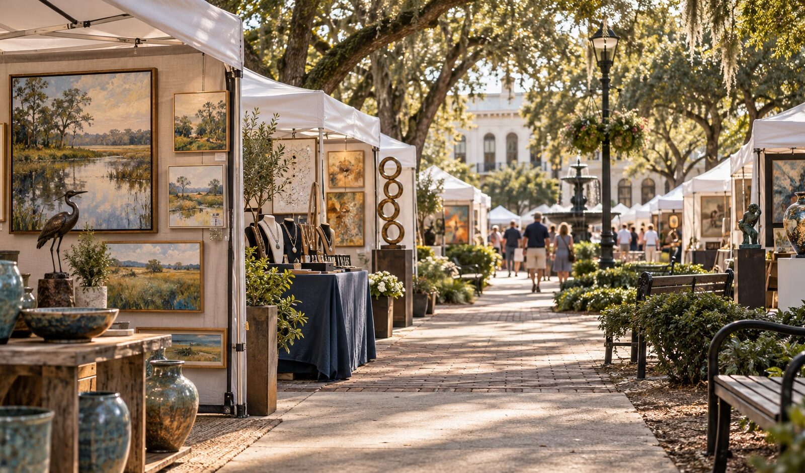 Concept illustration of original art, ceramics and jewelry displayed beneath trees at a downtown Ocala festival.