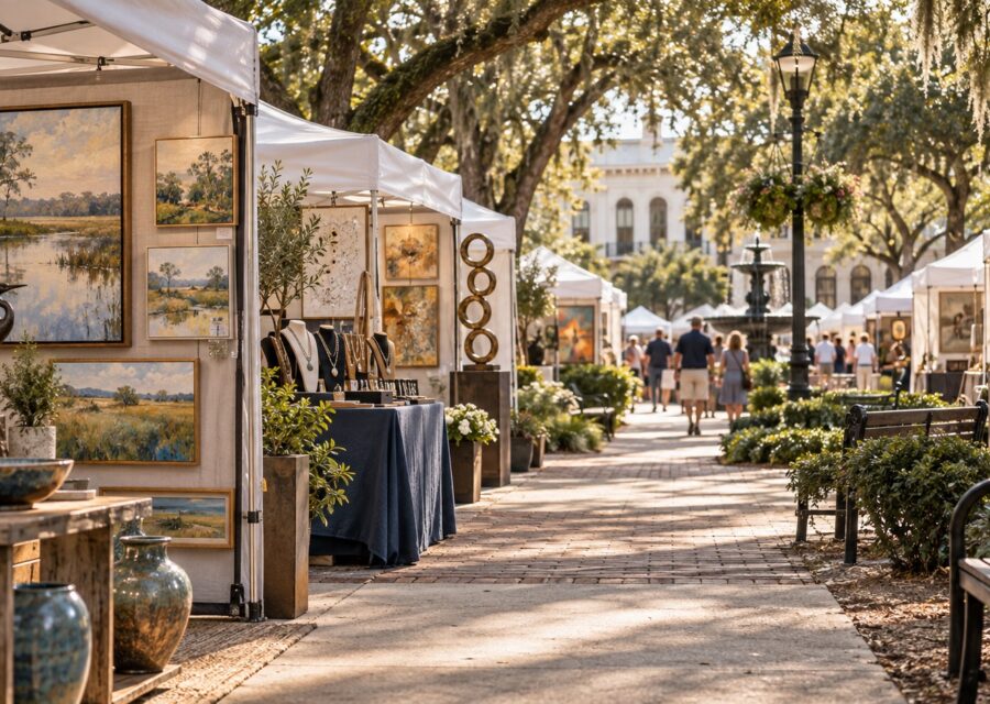 Concept illustration of original art, ceramics and jewelry displayed beneath trees at a downtown Ocala festival.