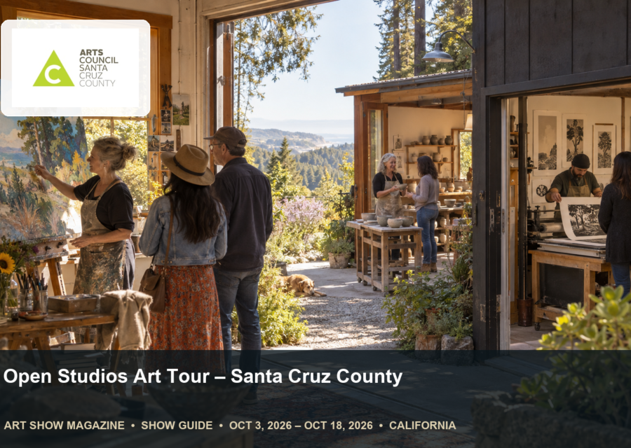 Conceptual editorial scene for Open Studios Art Tour in Santa Cruz County, California, with the official event mark.