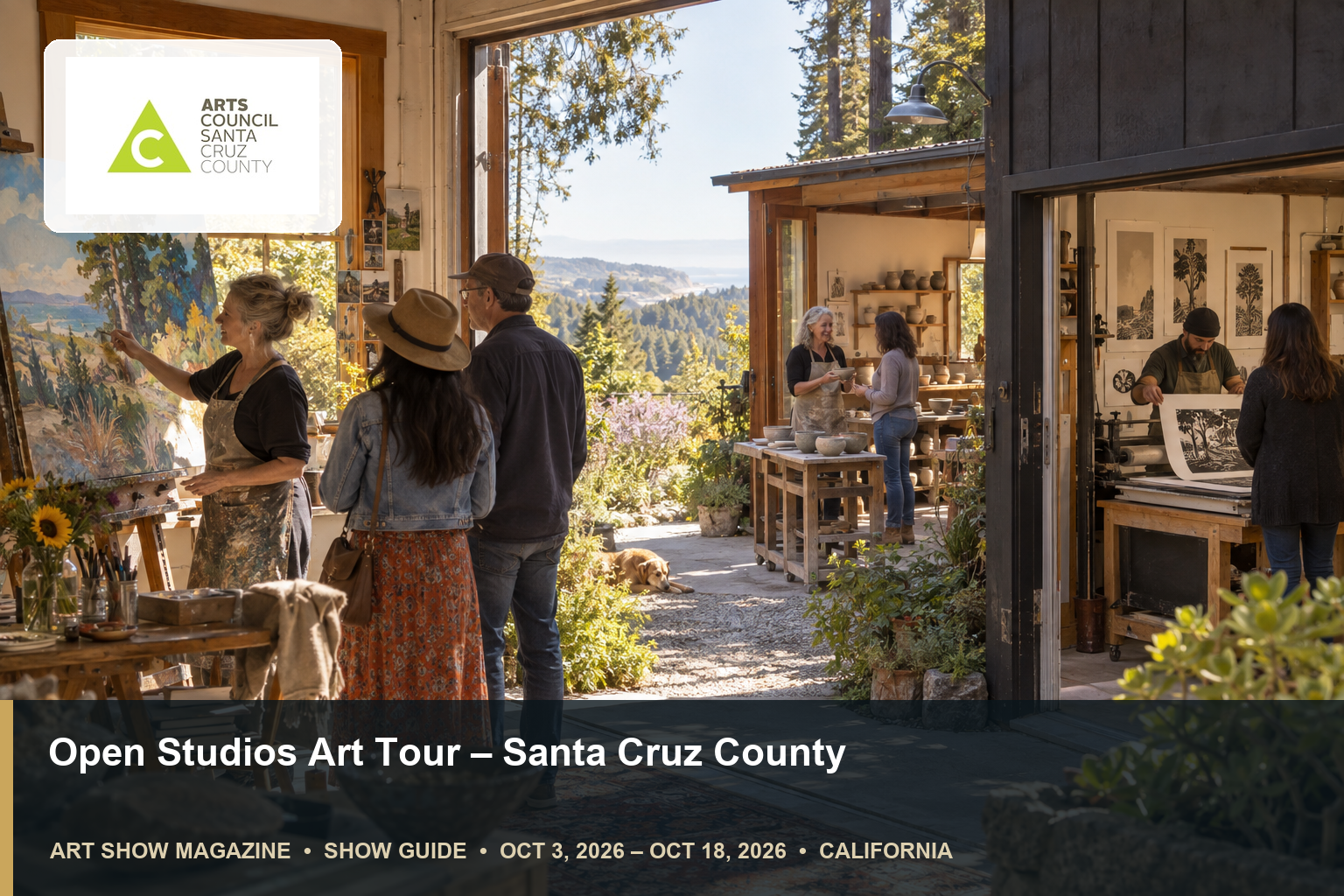 Conceptual editorial scene for Open Studios Art Tour in Santa Cruz County, California, with the official event mark.