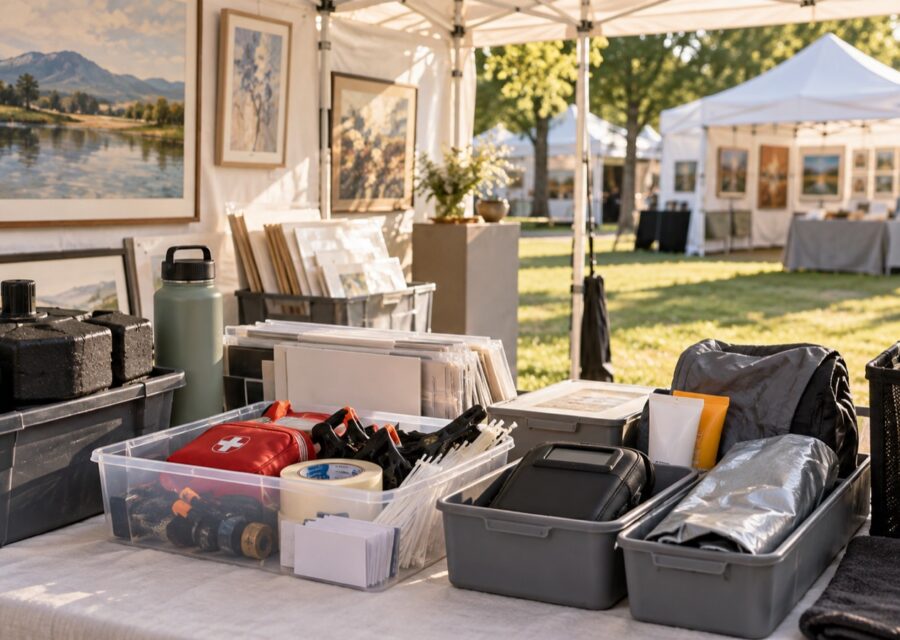 Concept image of outdoor art show booth supplies, including canopy weights, packing bins and weather gear.