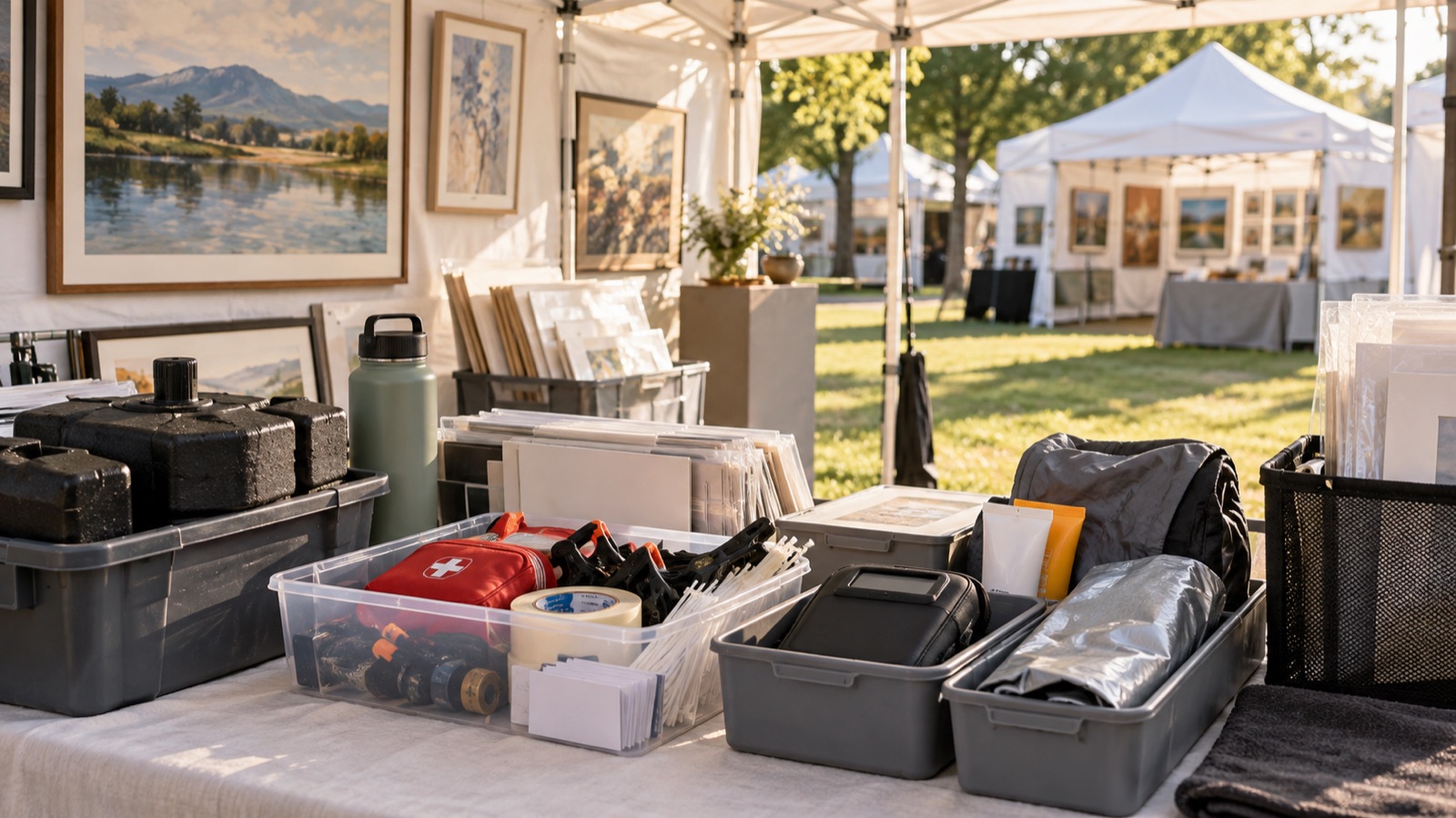 Concept image of outdoor art show booth supplies, including canopy weights, packing bins and weather gear.