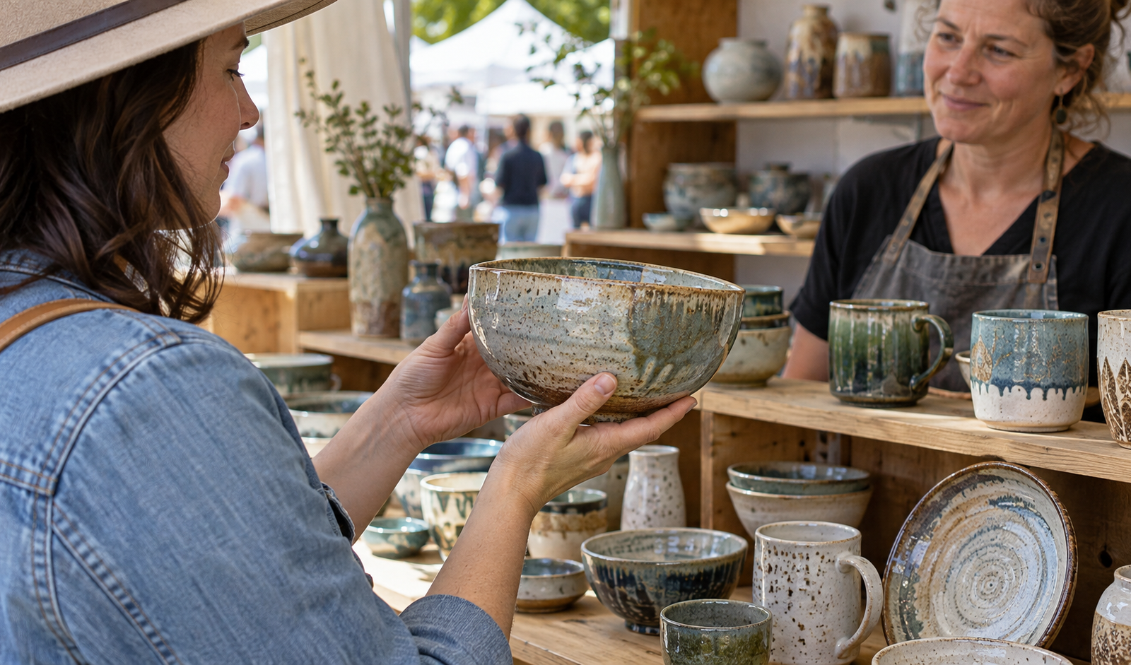 Visitor holding a handmade ceramic bowl at an artist’s pottery booth