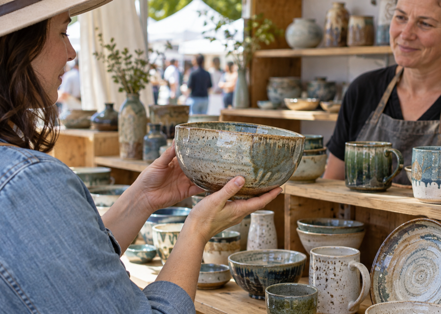 Visitor holding a handmade ceramic bowl at an artist’s pottery booth