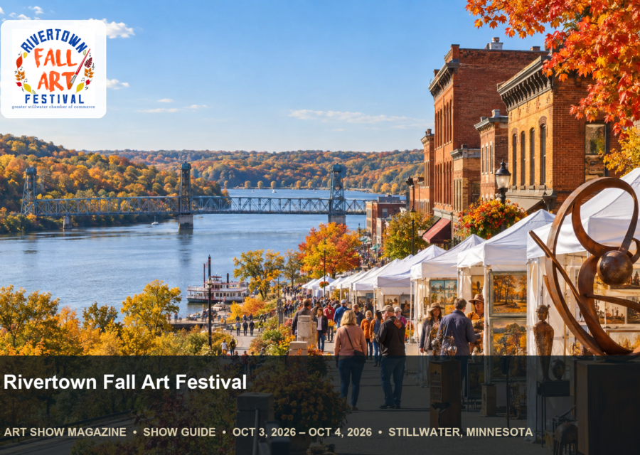 Conceptual editorial scene for Rivertown Fall Art Festival in Stillwater, Minnesota, with the official event mark.