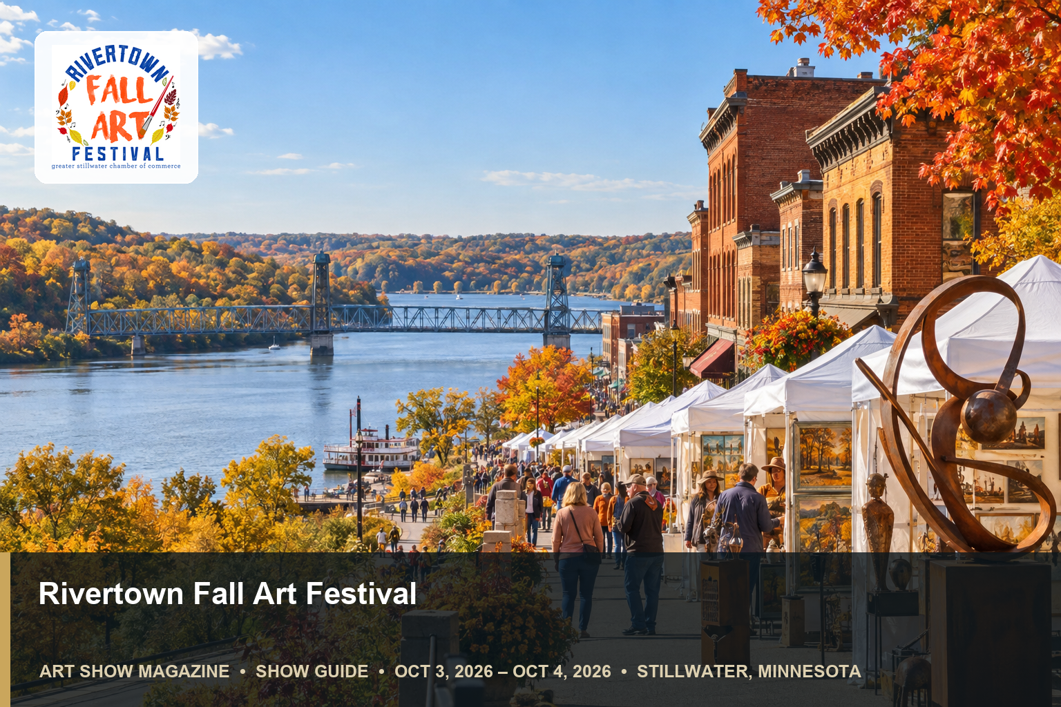 Conceptual editorial scene for Rivertown Fall Art Festival in Stillwater, Minnesota, with the official event mark.