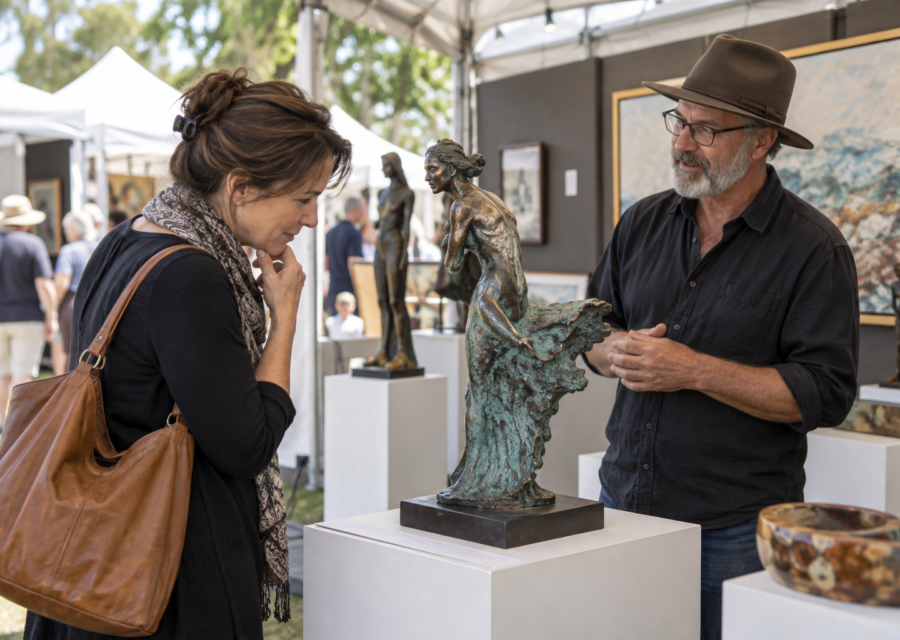 Visitor examining a sculpture and discussing it with its artist at an art show