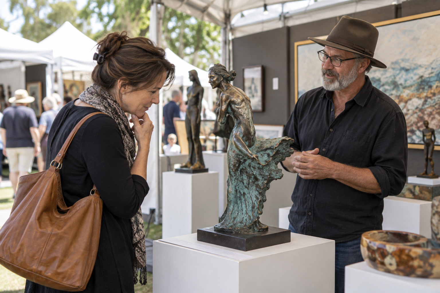 Visitor examining a sculpture and discussing it with its artist at an art show