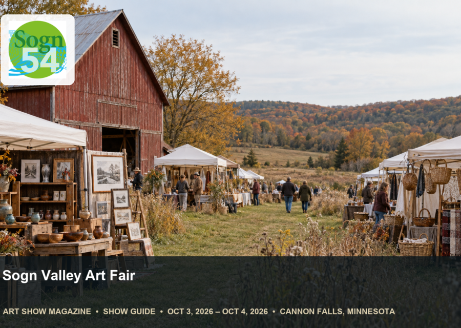 Conceptual editorial scene for Sogn Valley Art Fair near Cannon Falls, Minnesota, with the official event mark.