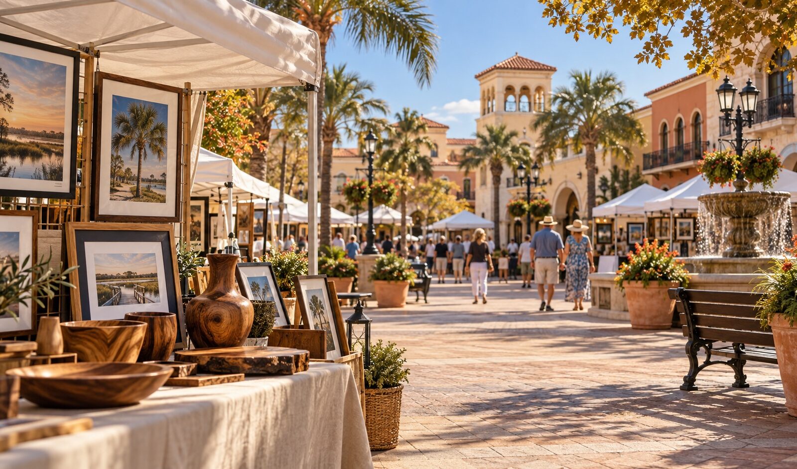 Concept illustration of framed photographs and handcrafted woodwork at artist tents in a warm Florida town square for the Spanish Springs show guide.