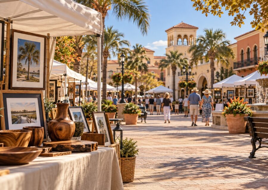 Concept illustration of framed photographs and handcrafted woodwork at artist tents in a warm Florida town square for the Spanish Springs show guide.