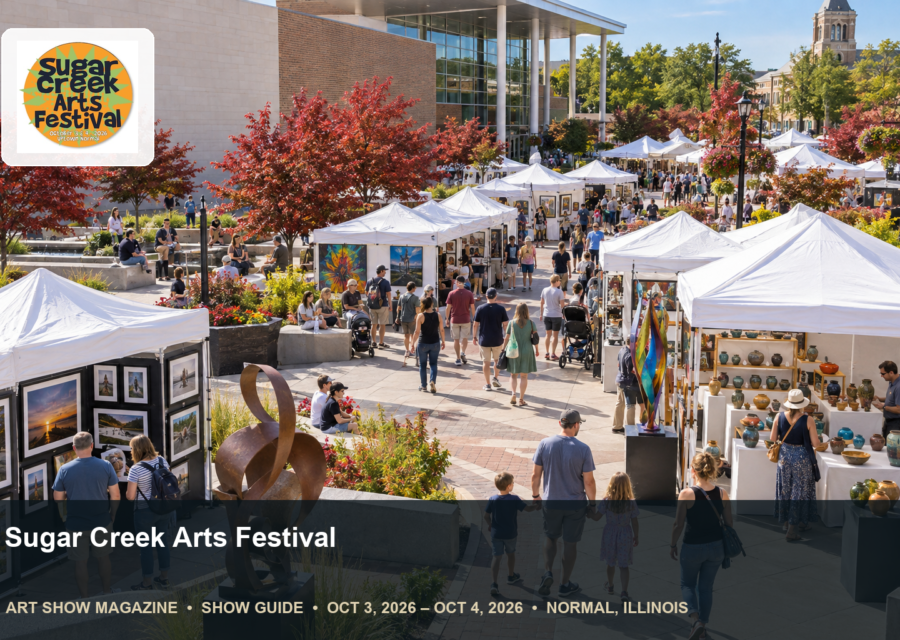 Conceptual editorial scene for Sugar Creek Arts Festival in Normal, Illinois, with the official event mark.