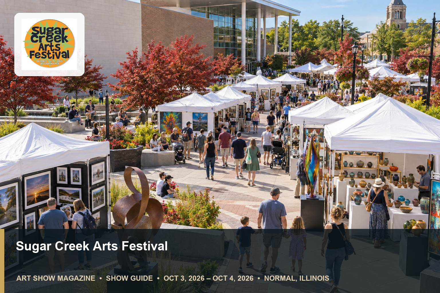 Conceptual editorial scene for Sugar Creek Arts Festival in Normal, Illinois, with the official event mark.