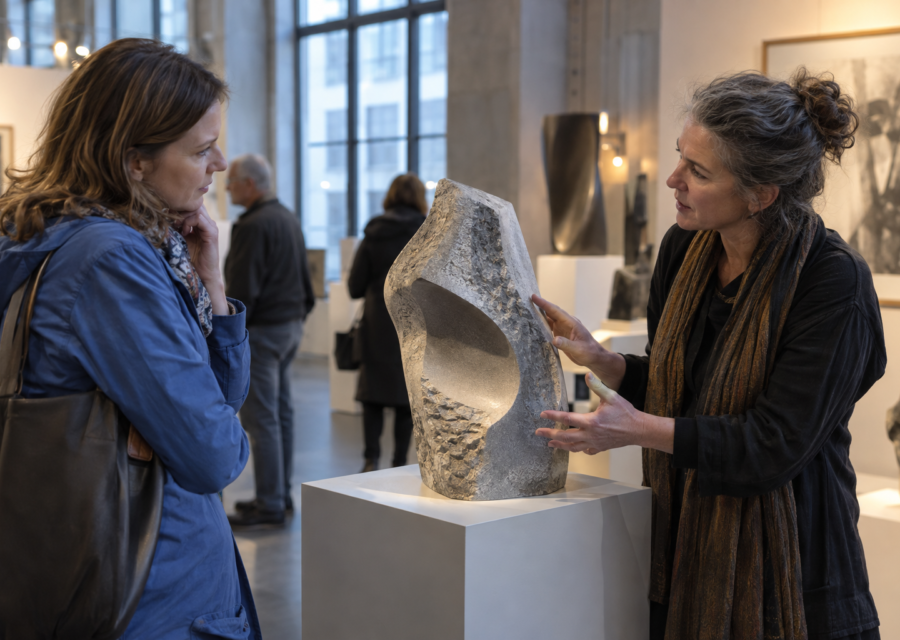 Visitor in a blue jacket speaking with a sculptor beside a stone sculpture at an indoor art fair.