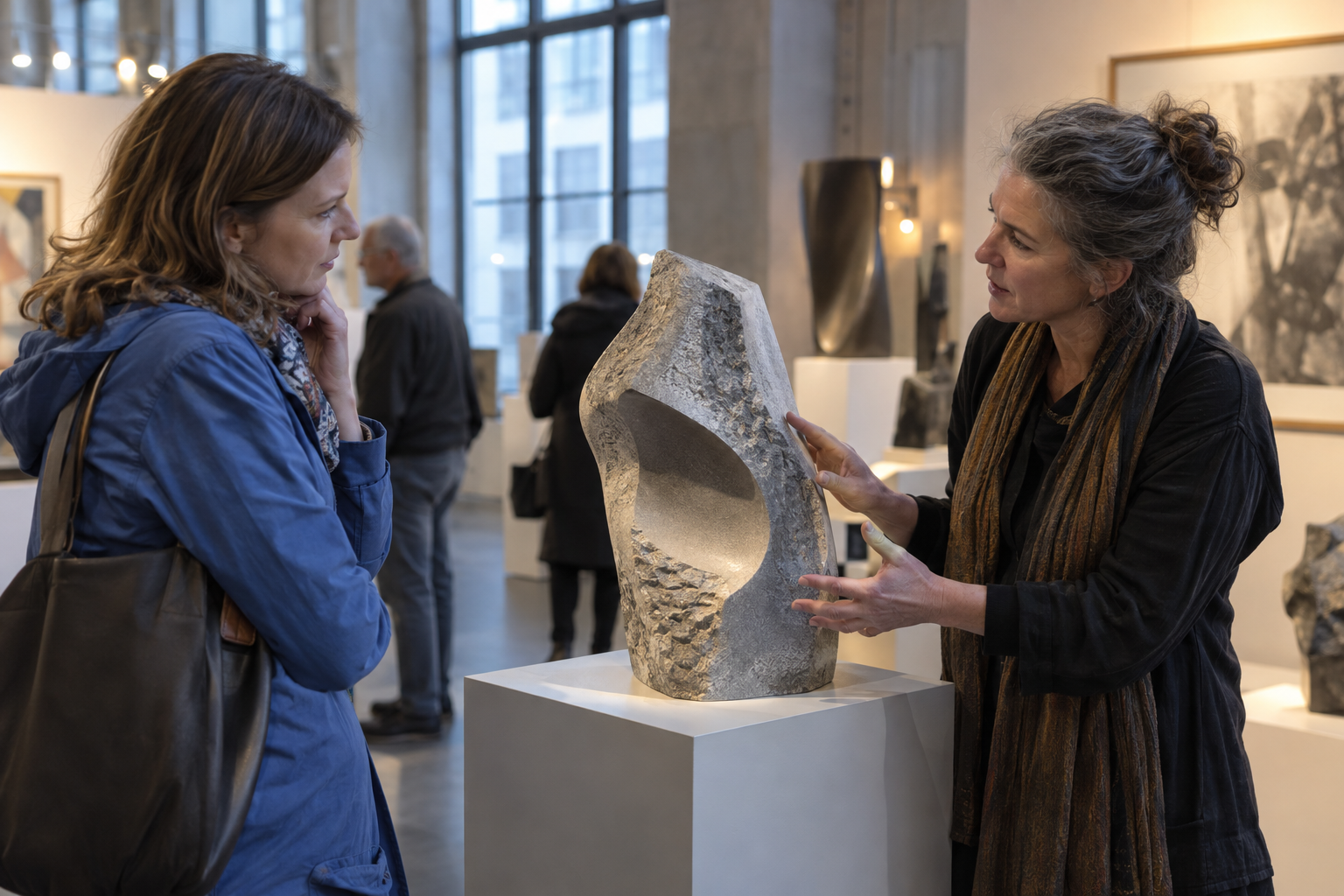 Visitor in a blue jacket speaking with a sculptor beside a stone sculpture at an indoor art fair.