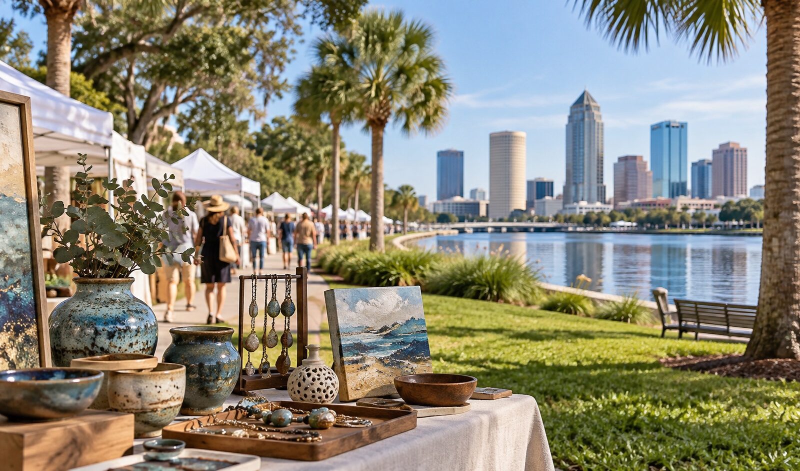 Concept illustration of handmade ceramics and jewelry at white craft tents beside a downtown Tampa waterfront.