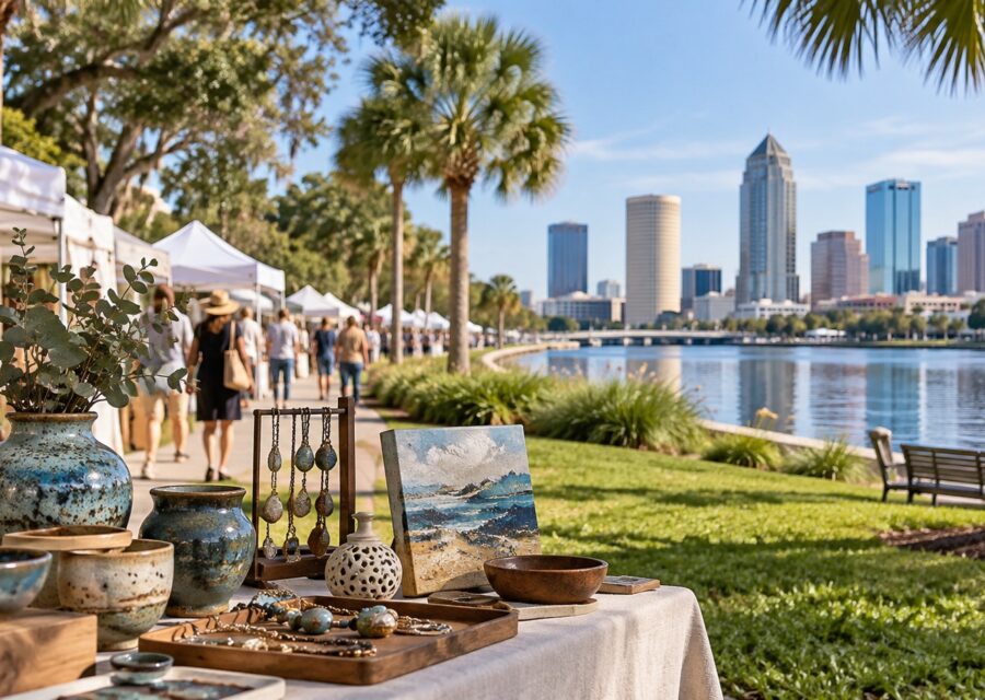 Concept illustration of handmade ceramics and jewelry at white craft tents beside a downtown Tampa waterfront.