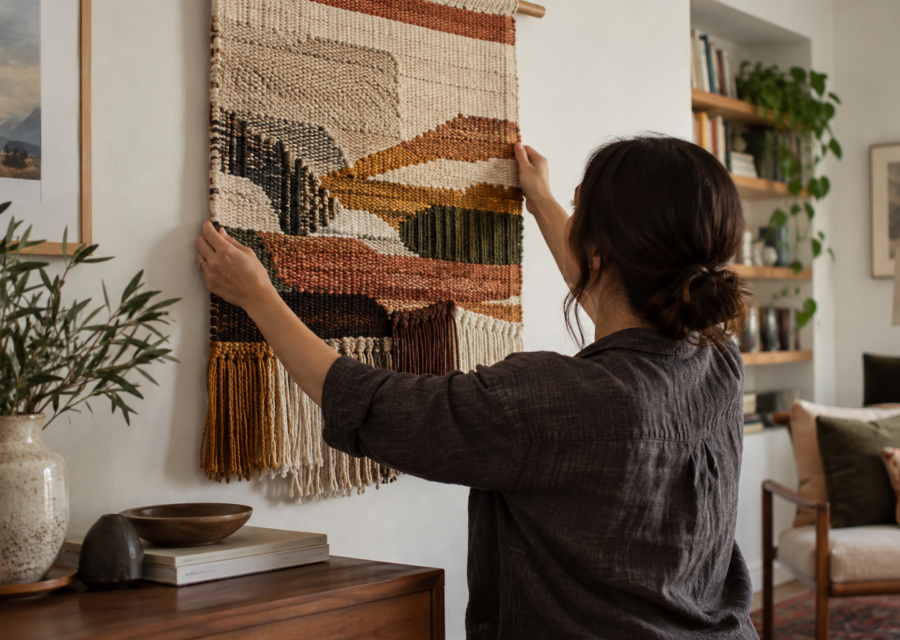Person carefully positioning a woven textile artwork on an interior wall