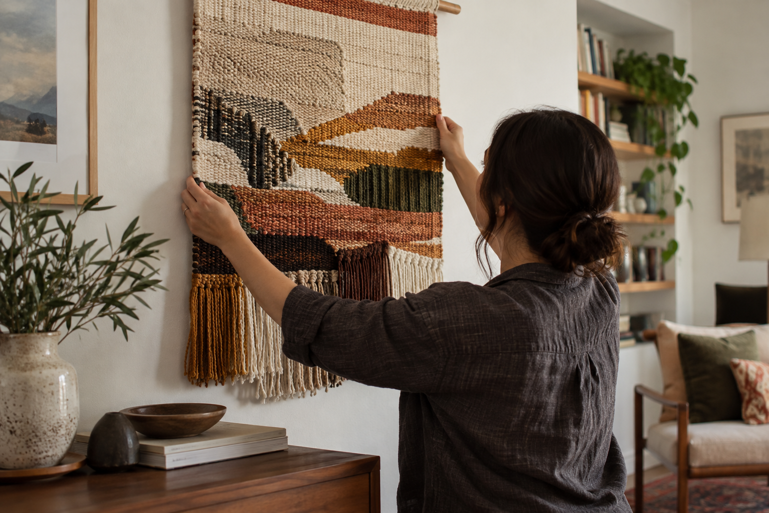 Person carefully positioning a woven textile artwork on an interior wall