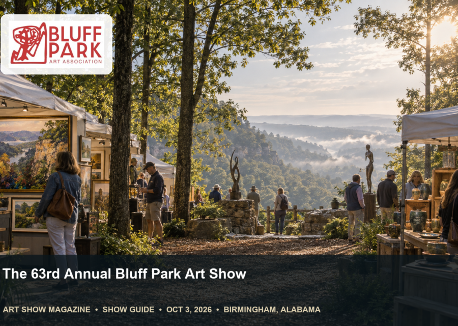 Conceptual editorial scene for Bluff Park Art Show in Birmingham, Alabama, with the official event mark.