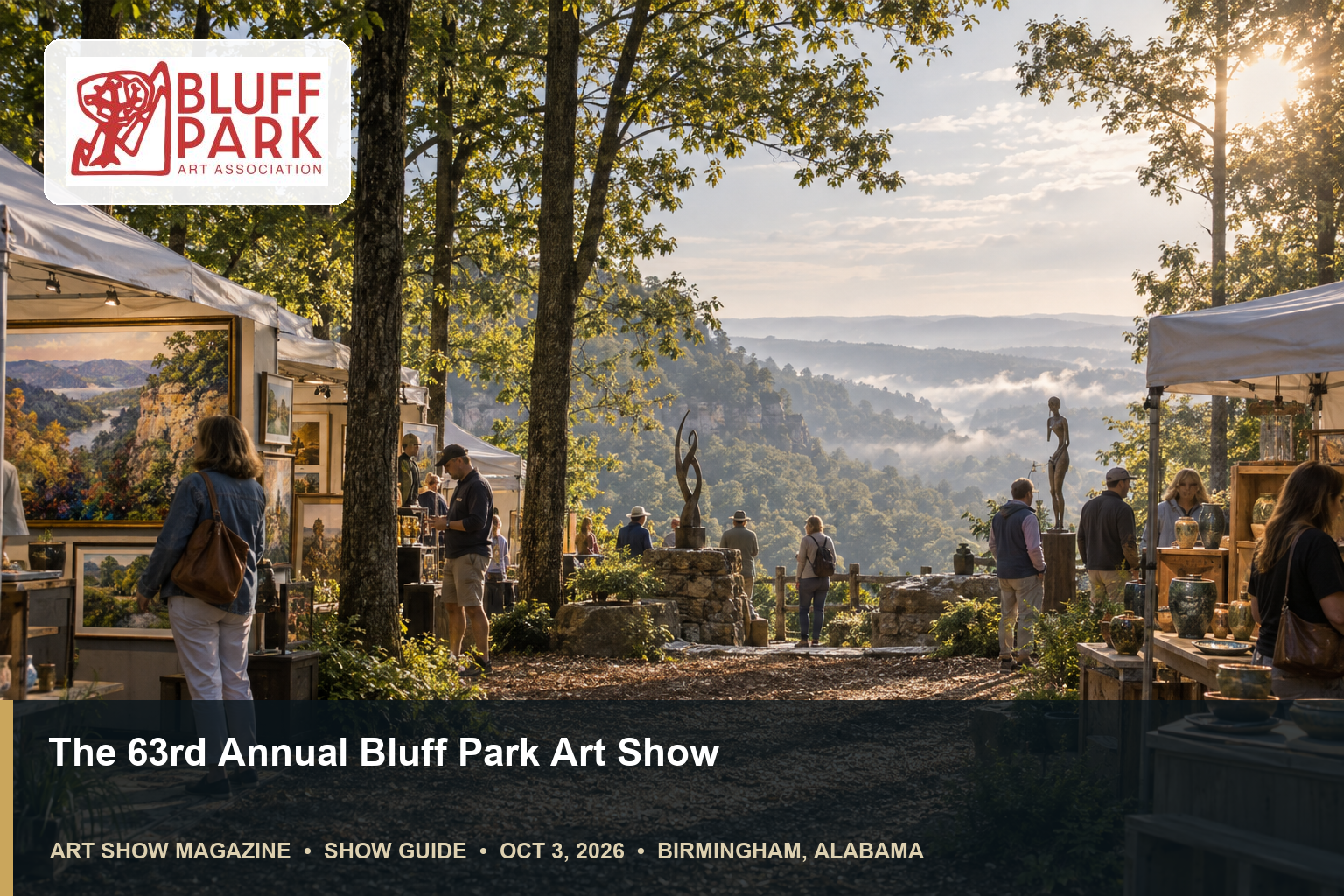 Conceptual editorial scene for Bluff Park Art Show in Birmingham, Alabama, with the official event mark.