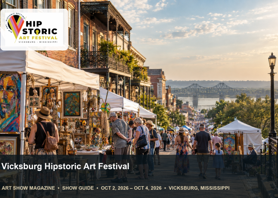 Conceptual editorial scene for Vicksburg Hipstoric Art Festival in Vicksburg, Mississippi, with the official event mark.