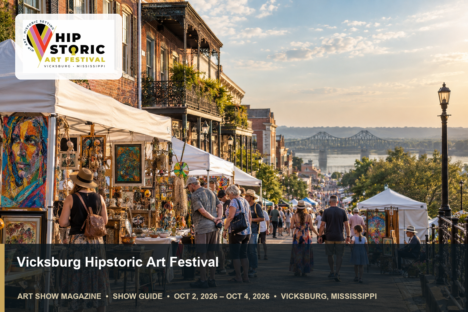 Conceptual editorial scene for Vicksburg Hipstoric Art Festival in Vicksburg, Mississippi, with the official event mark.