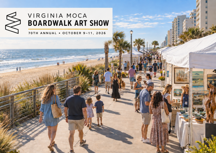 Conceptual editorial view of artists and visitors along the Virginia Beach Boardwalk, with an original Virginia MOCA Boardwalk Art Show editorial badge.
