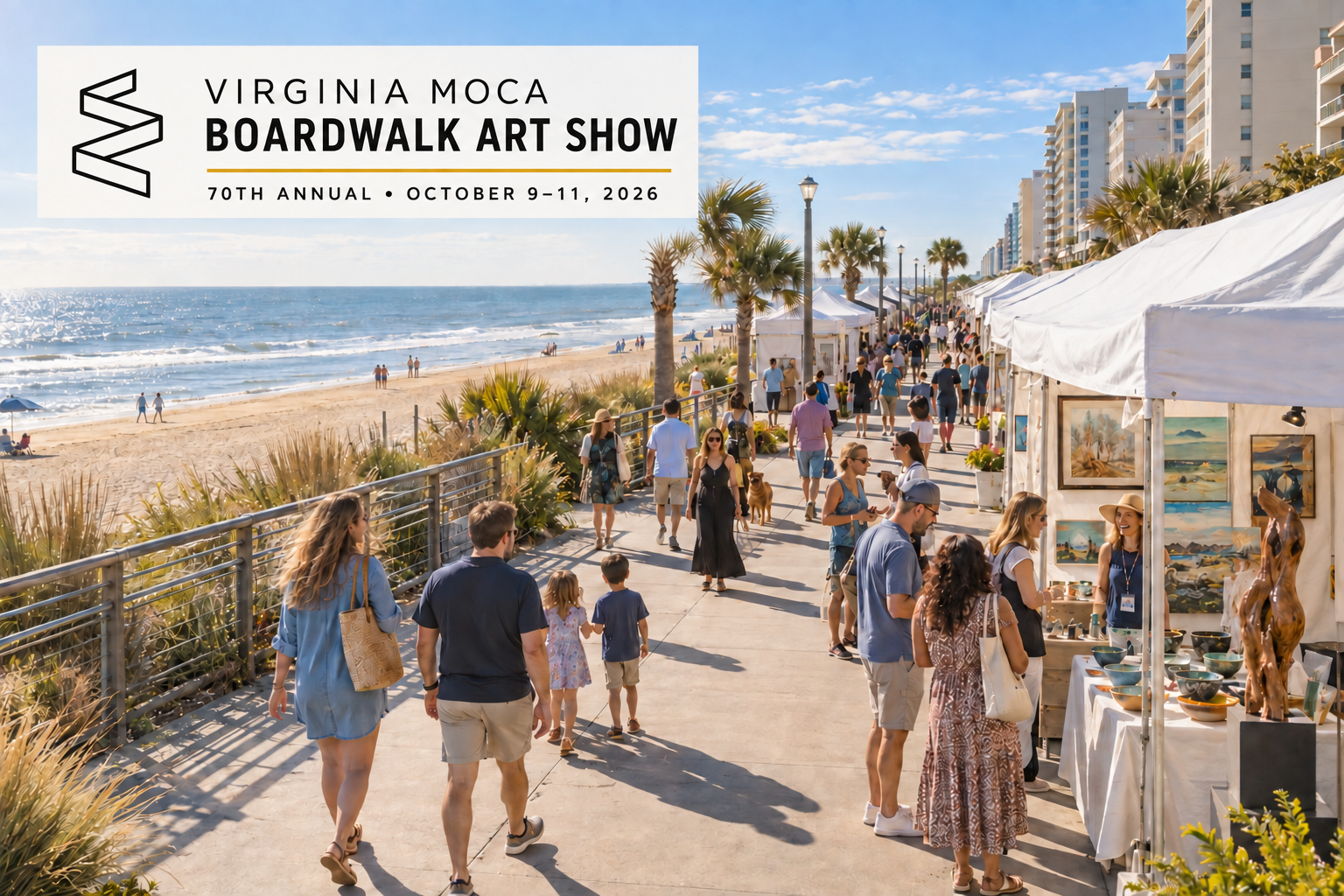 Conceptual editorial view of artists and visitors along the Virginia Beach Boardwalk, with an original Virginia MOCA Boardwalk Art Show editorial badge.