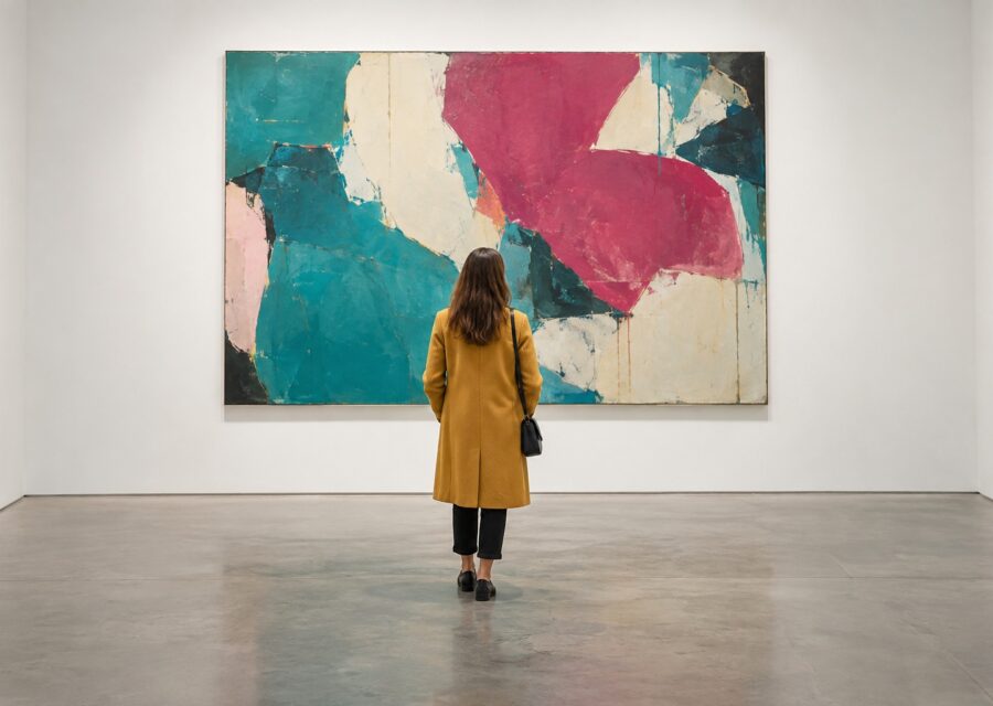 Visitor in a mustard coat studying a large teal and magenta abstract painting.