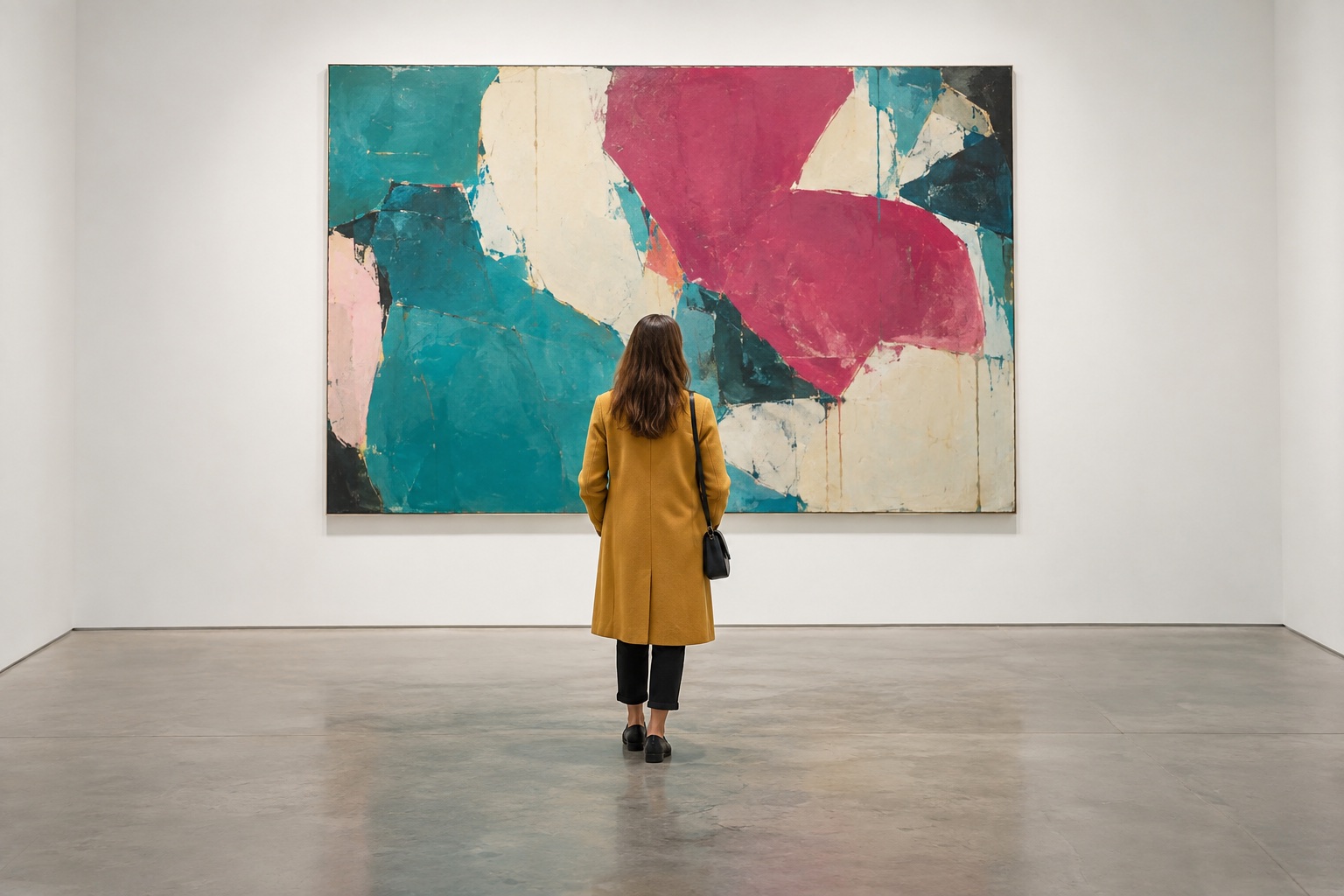 Visitor in a mustard coat studying a large teal and magenta abstract painting.