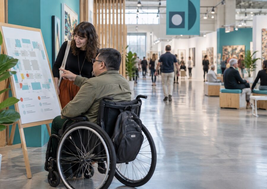 Wheelchair user and friend reviewing a venue map at an indoor art fair with a wide aisle.