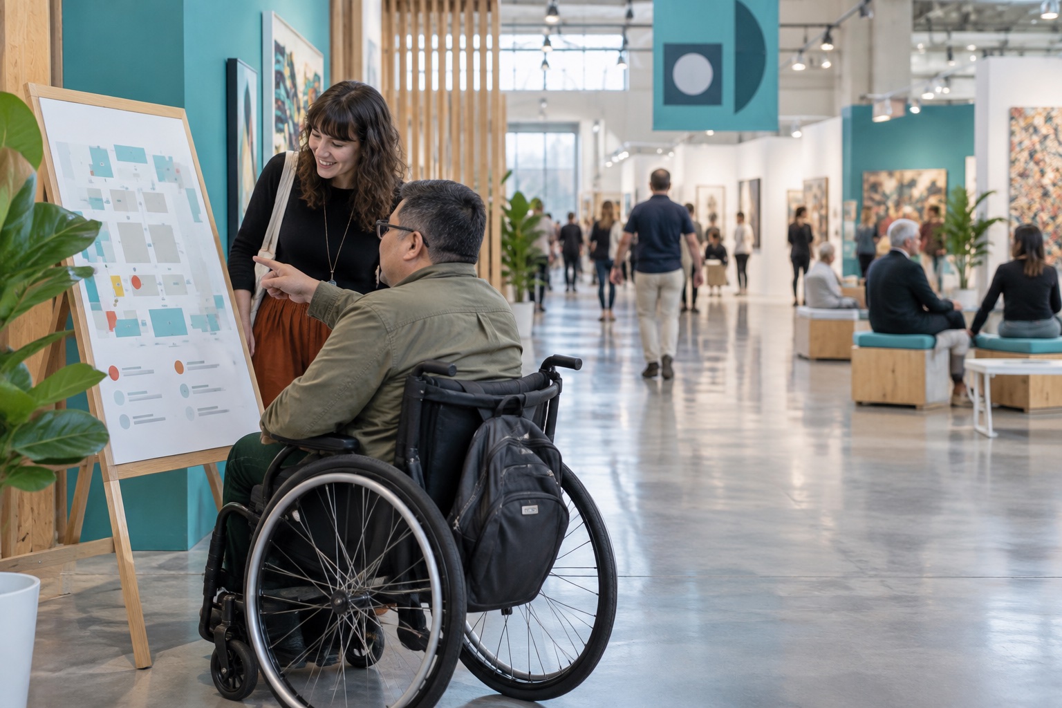 Wheelchair user and friend reviewing a venue map at an indoor art fair with a wide aisle.