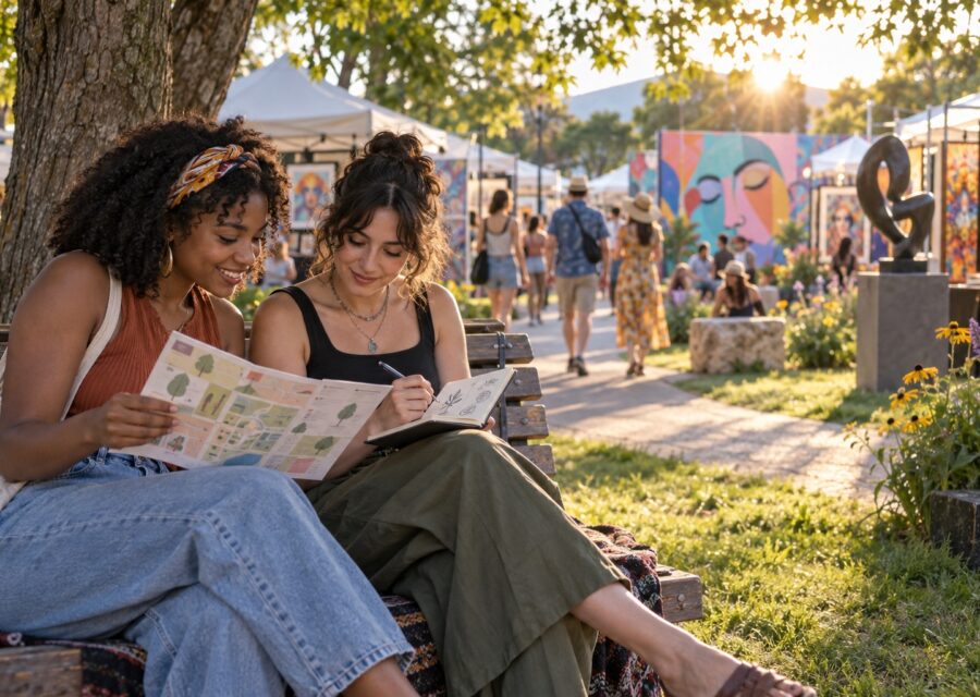 Two friends reviewing an art fair map and sketching on a shaded bench.