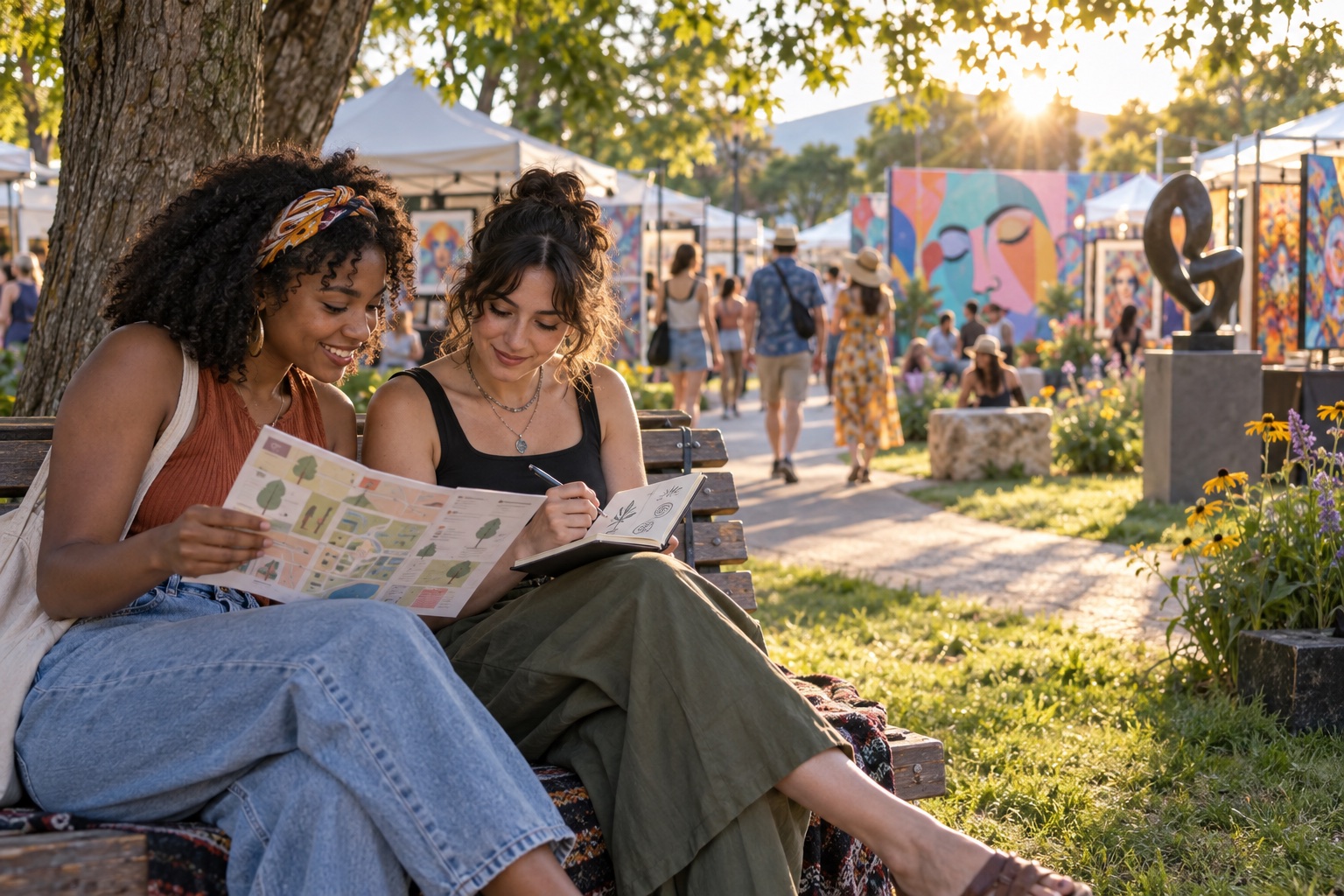 Two friends reviewing an art fair map and sketching on a shaded bench.