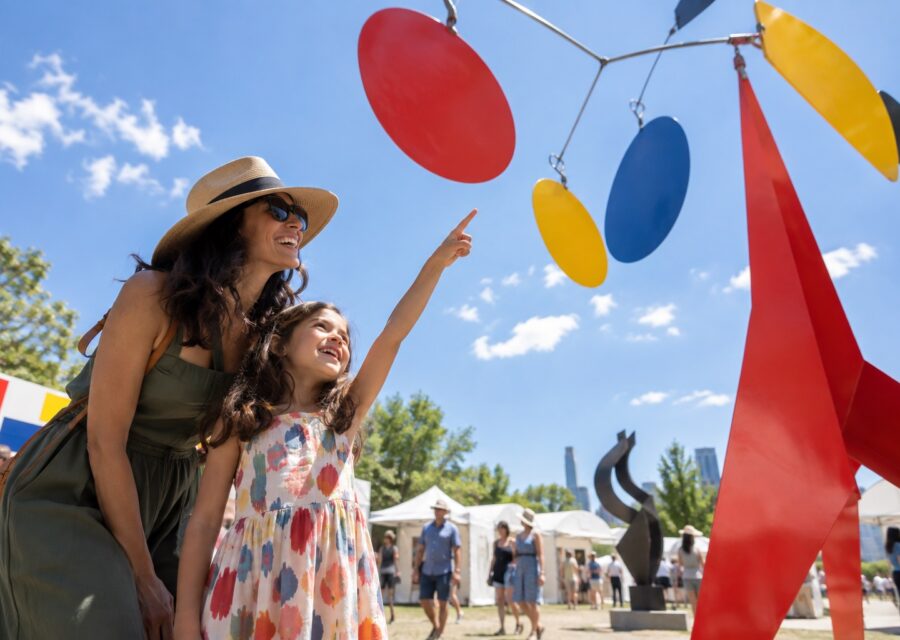 Parent and child looking up at a colorful kinetic sculpture at an outdoor art show.