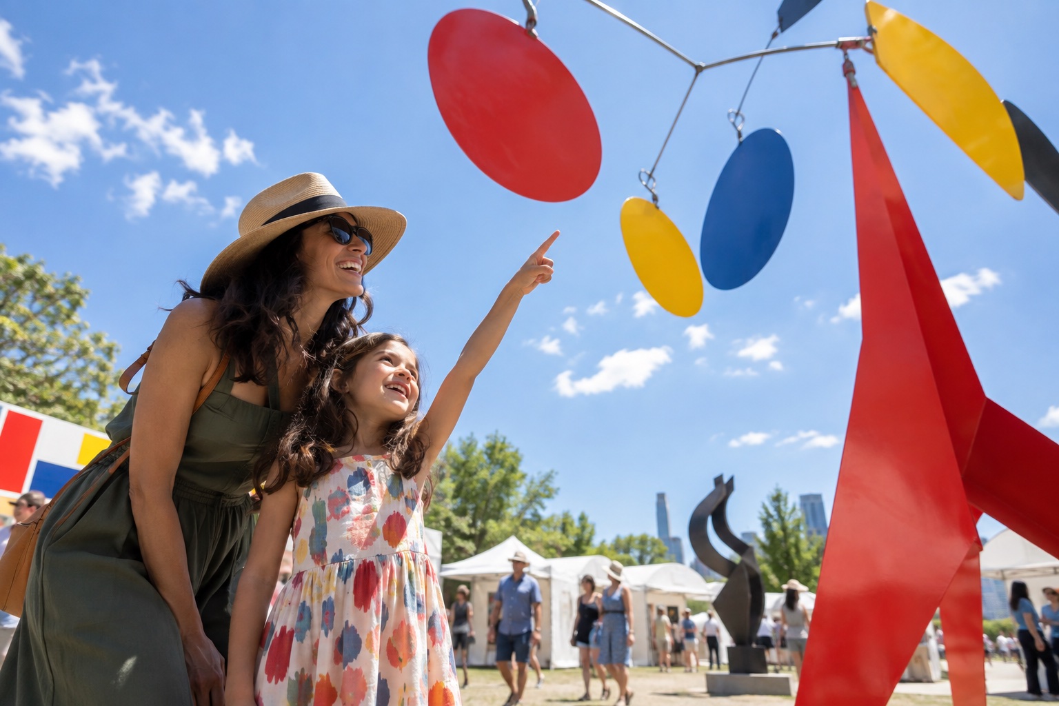 Parent and child looking up at a colorful kinetic sculpture at an outdoor art show.